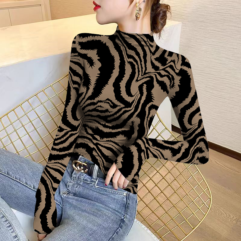 半高领豹纹双面德绒女保暖打底衫