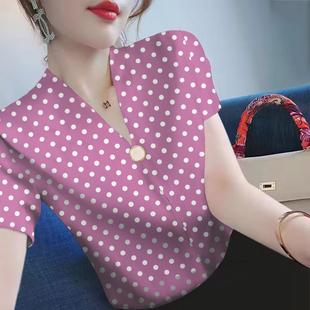 t恤女修身 洋气内搭春夏季 v领波点短袖 显瘦时尚 新款 冰丝上衣打底衫