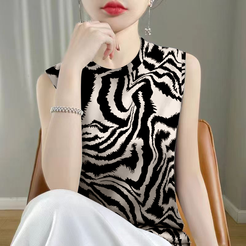 豹纹无袖背心女2025新款夏季t恤修身打底衫砍袖圆领内搭外穿上衣