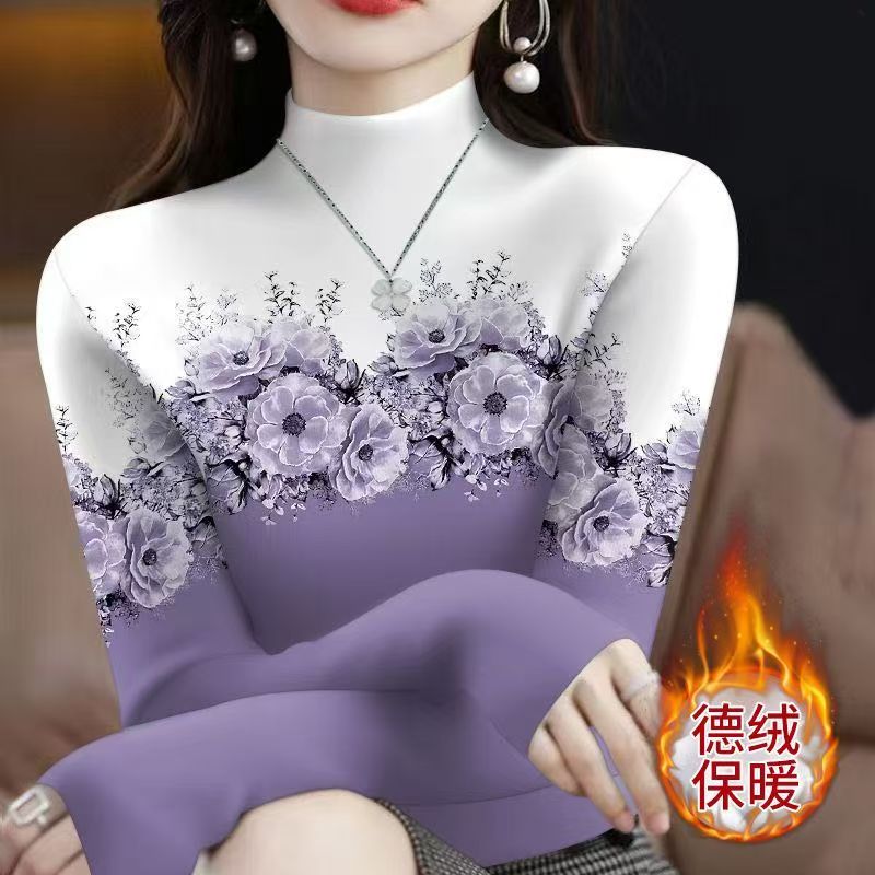 双面德绒半高领打底衫女保暖长袖