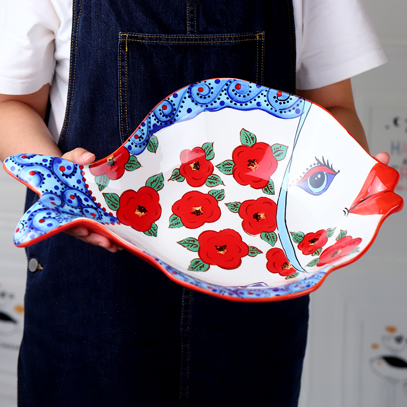 个性创意异形鱼盘餐具手绘深盆