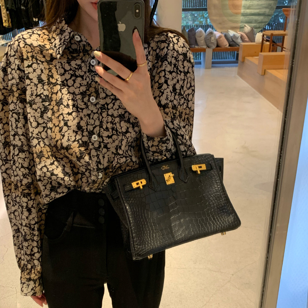 Lily同款 春秋百搭中长款碎花衬衣女设计感打底显瘦垂感雪纺衬衫