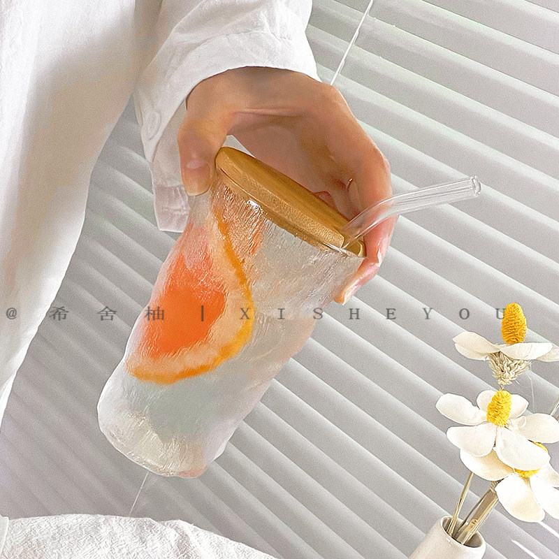 冰川纹玻璃杯带盖吸管高颜值磨砂网红ins风女生家用水杯子咖啡杯