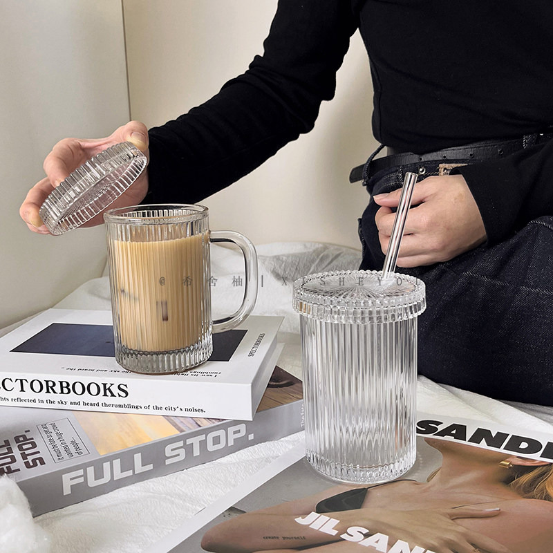 ins风条纹玻璃杯带盖吸管杯简约水杯家用杯子饮料杯牛奶杯早餐杯