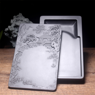 天然原石七寸山水带盖长方砚台