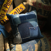 denim款 SBC 补丁刺子古董钮扣 手工制作 百家布老牛仔布拼接抱枕