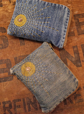 SBC 太阳刺绣钱包 古董牛仔布料 手工缝制卡包零钱收纳包进口五金