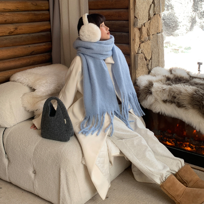 雪地穿搭保暖出片蓝色围巾