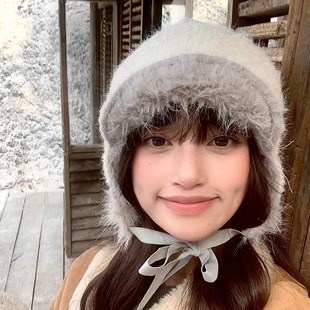 骑车防寒毛茸茸可爱帽子女冬加厚显脸小适合方圆脸时尚洋气雷锋帽