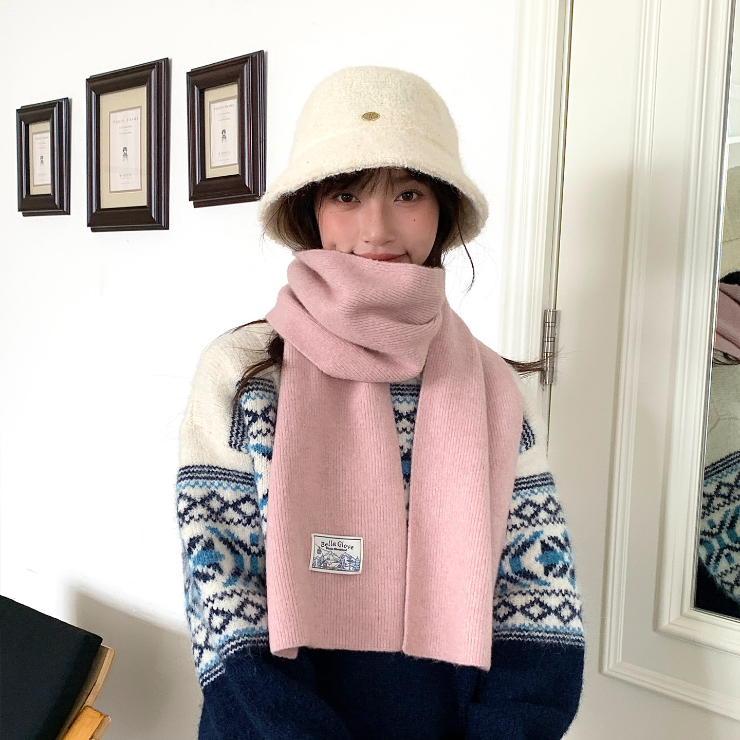 Deepsea深海 韩系氛围感粉色针织围巾女秋冬软糯保暖百搭围脖