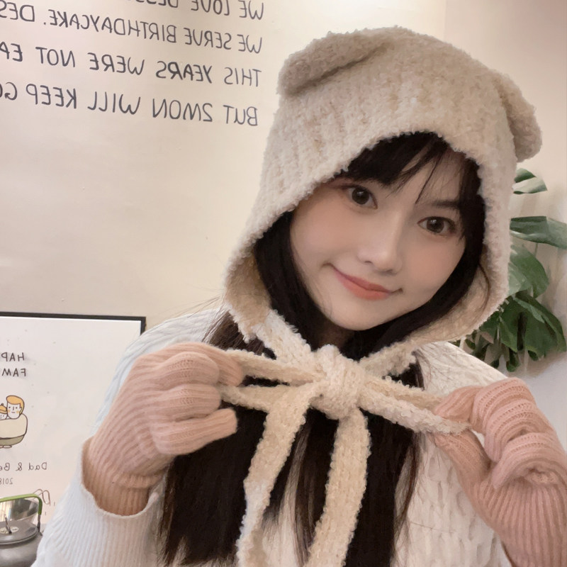 系绳款可爱小熊耳朵毛绒显脸小帽子女冬季保暖护耳帽针织毛线帽