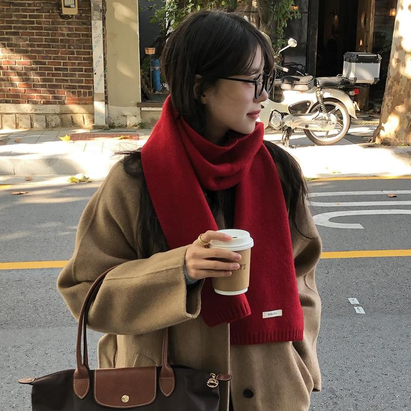 高品质精选100%澳洲羊毛围巾2024新款冬男女情侣百搭围脖红色围巾