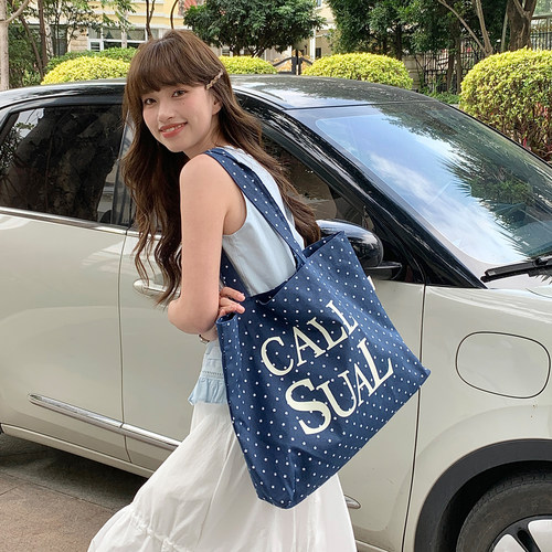 Deepsea深海 日系波点帆布包女大容量手提单肩包百搭通勤托特包