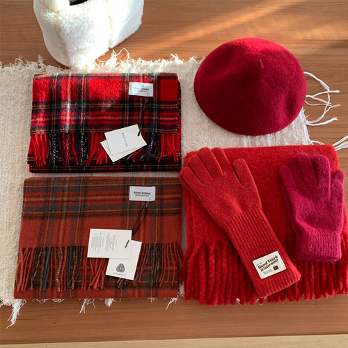 秋冬帽子围巾手套红色合集~贝雷帽针织帽毛线帽圣诞围巾触屏手套