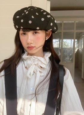 2026春夏新款复古波点贝雷帽女黑色百搭显脸小文艺画家帽时尚帽子