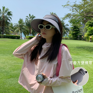 防曬遮陽帽大帽檐可折疊卷邊空頂帽沙灘帽 度假簡約空頂帽女夏季