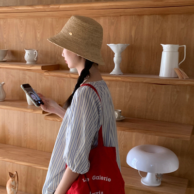 定制款~2025新款手工拉菲草帽子韩版ins显脸小渔夫帽沙滩帽遮阳帽