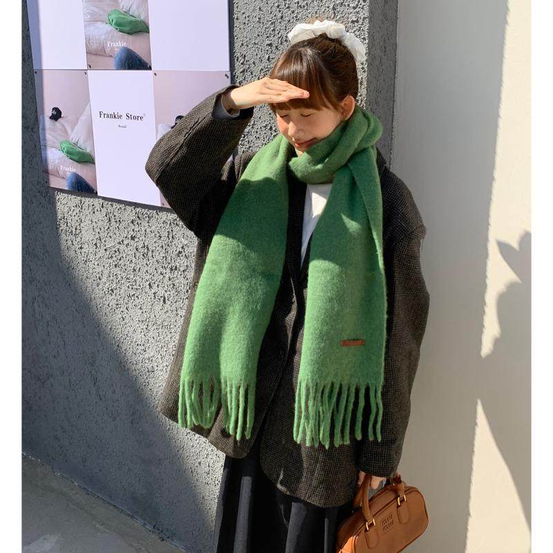 吸睛羊毛混纺绿色围巾女冬季纯色保暖加厚氛围感长款披肩