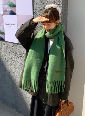 吸睛羊毛混纺绿色围巾女冬季纯色保暖加厚氛围感长款披肩