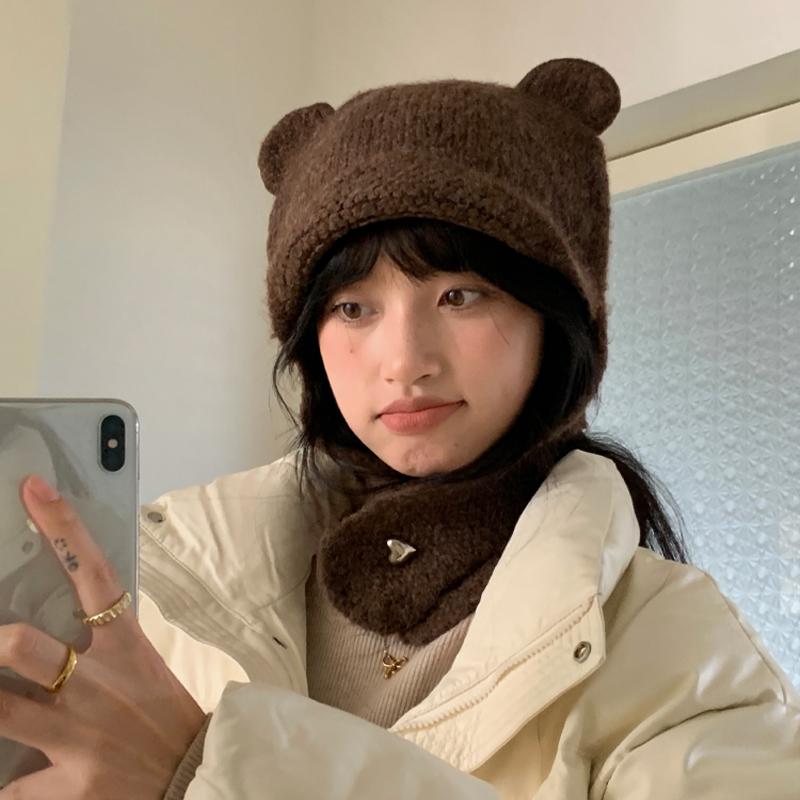 可爱咖色小熊耳朵针织帽