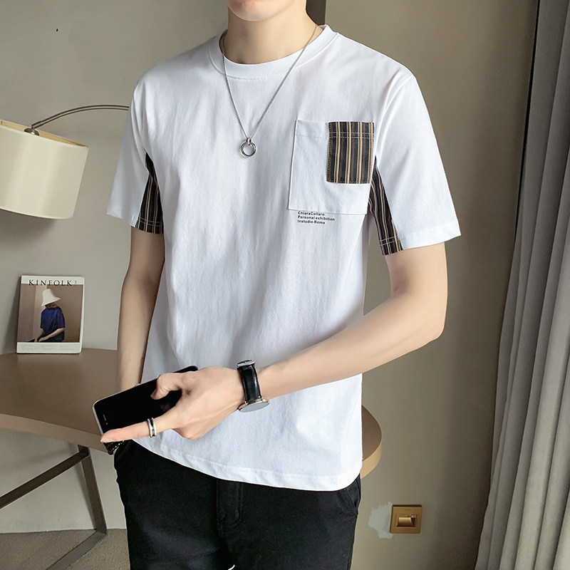 2025夏款男士纯色圆领短袖T恤条纹拼接设计打底衫男B317/9271/P48图片