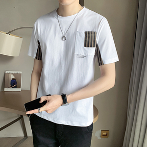 2025夏款男士纯色圆领短袖T恤条纹拼接设计打底衫男B317/9271/P48图片