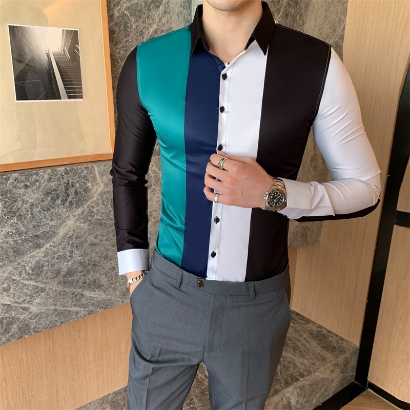 Shop owner's style autumn men's long sleeve shirt color contrast stitching shirt nightclub hairdresser work clothes