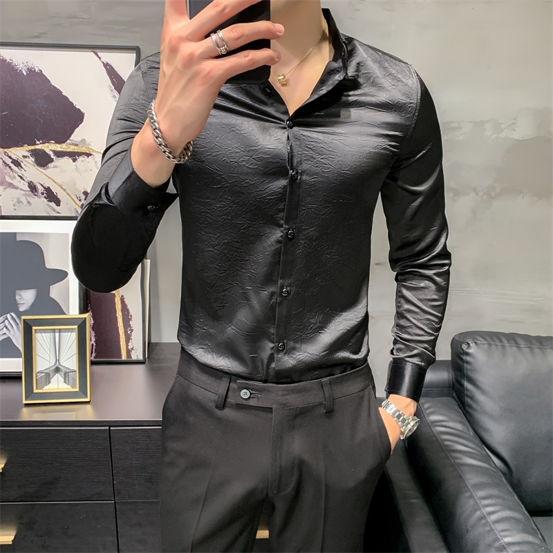 Self portrait Style Men's long sleeve shirt solid color slim fit large men's shirt bright black