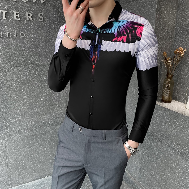 Shopkeeper's autumn new long sleeve printed shirt men's slim solid color shirt