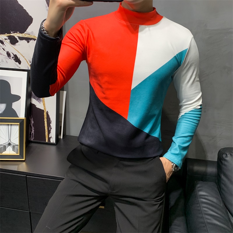 Autumn men's long sleeve shirt color contrast splicing men's bottoming shirt half high collar T-shirt slim red
