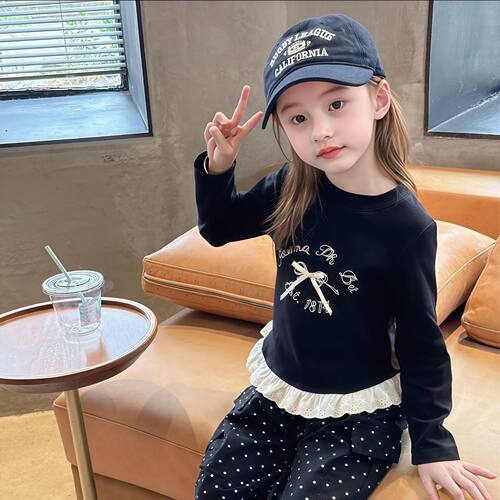 儿童秋季长袖T恤女童蝴蝶结纯色