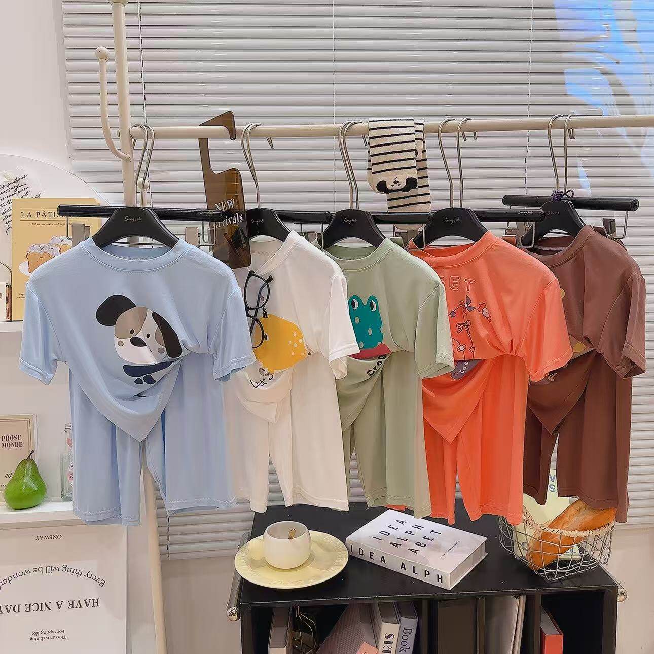 儿童莫代尔短袖套装男童睡衣T恤家居服女童薄款九分裤韩版空调服