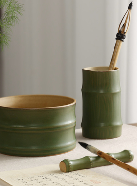 青瓷竹节毛笔笔搁 可爱日式 成人书法文镇纸镇尺文房四宝笔架笔搁