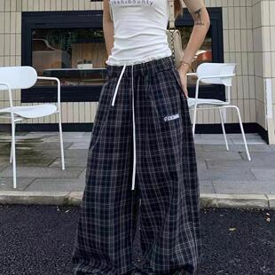 美式复古格子高腰阔腿裤女设计感ins垂感宽松休闲直筒小众裤子潮