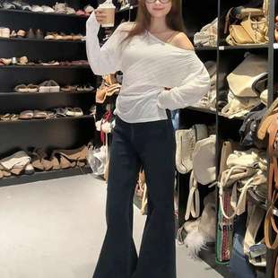2024新款 百搭打底甜辣妹设计感露肩上衣 秋季 韩系白色斜肩长袖