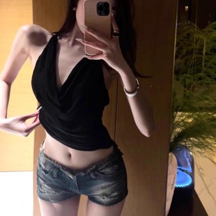 短款 小众纯色辣妹露背吊带小背心女夏外穿性感修身 挂脖上衣ins潮