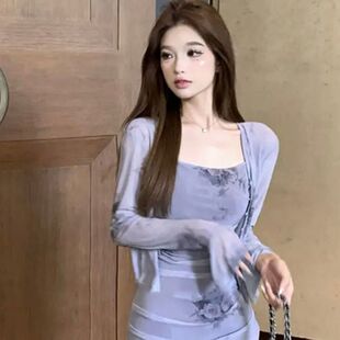 设计感小众吊带包臀连衣裙女修身开衫两件套气质名媛收腰长裙
