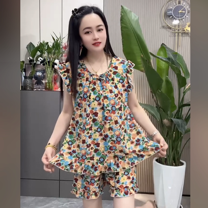 夏季休闲宽松睡衣女套装时尚舒适性感柔软大码家居服两件套碎花