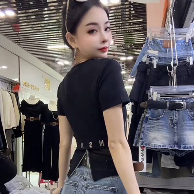 韩版时尚洋气设计感后背字母拉链短袖T恤女修身显瘦百搭小衫上衣