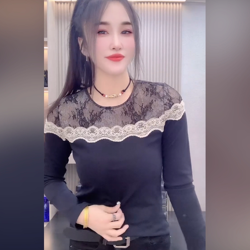 欧货小众提花蕾丝拼接长袖T恤女