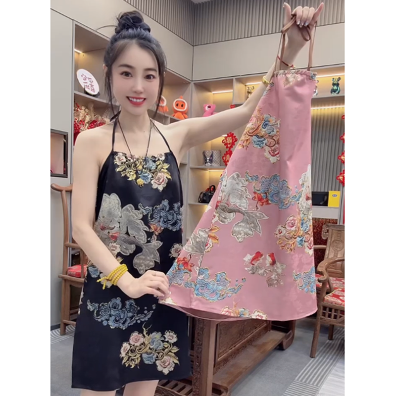 挂脖休闲家居无袖系带夏季睡裙女