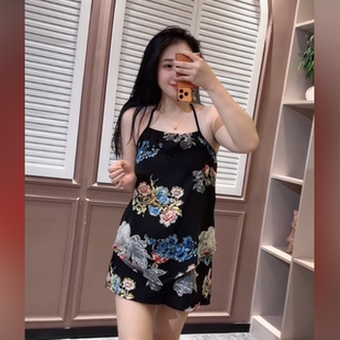 夏季新款中式印花国风气质吊带肚兜显瘦上衣短裤两件套装潮女大码