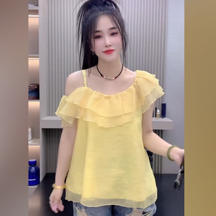 绿色荷叶边露肩雪纺衫女夏季新款韩版漂亮小衫超好看上衣宽松短袖