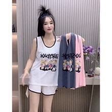 甜美冰丝睡衣女夏季无袖薄款卡通小熊灰色背心短裤运动家居服套装