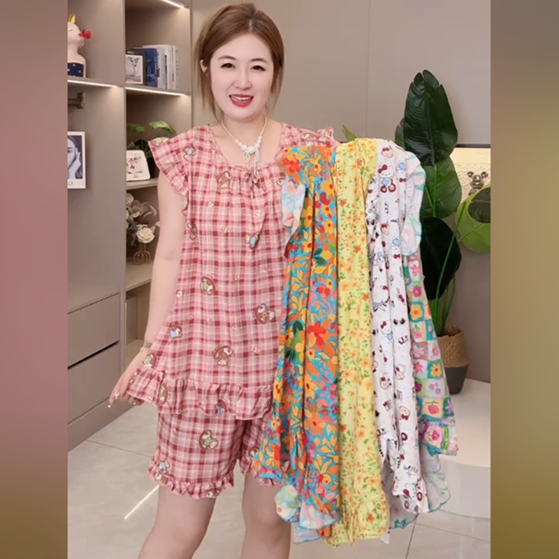 韩版小清新甜美碎花荷叶边背心短裤睡衣女夏季大码宽松时尚家居服
