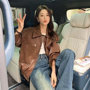 2023新款PU皮机车服皮夹克短款皮衣外套女103-1599-P155-K218图片