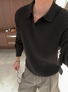 翻领套头纯色毛衣男士高级感黑色竖条纹针织polo衫舒适亲肤保暖潮
