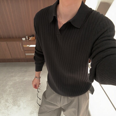 翻领套头纯色毛衣男士高级感黑色竖条纹针织polo衫舒适亲肤保暖潮