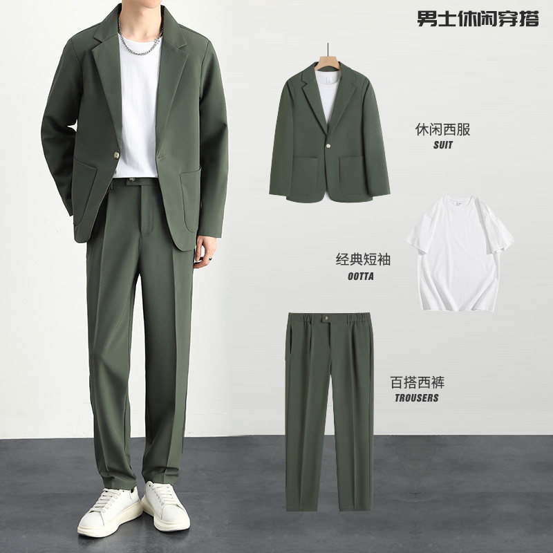 高端韩风宽松小西装潮流轻熟风西服套装男士休闲复古灰绿外套帅气