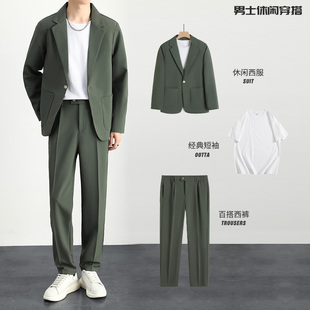 高端韩风宽松小西装潮流轻熟风西服套装男士休闲复古灰绿外套帅气